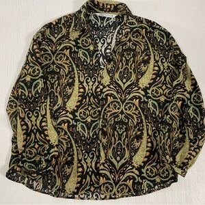 Zara‎ Long Sleeve Blouse Green Gold Black Paisley Print Women Size XS V Neck Top